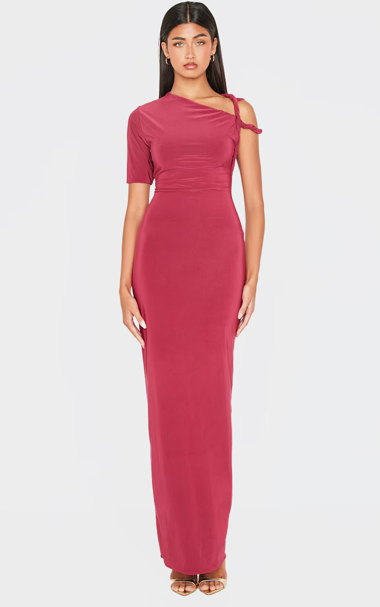 Burgundy Slinky Twist Shoulder Midaxi Dress | Pretty Little Thing (Australia & New Zealand)
