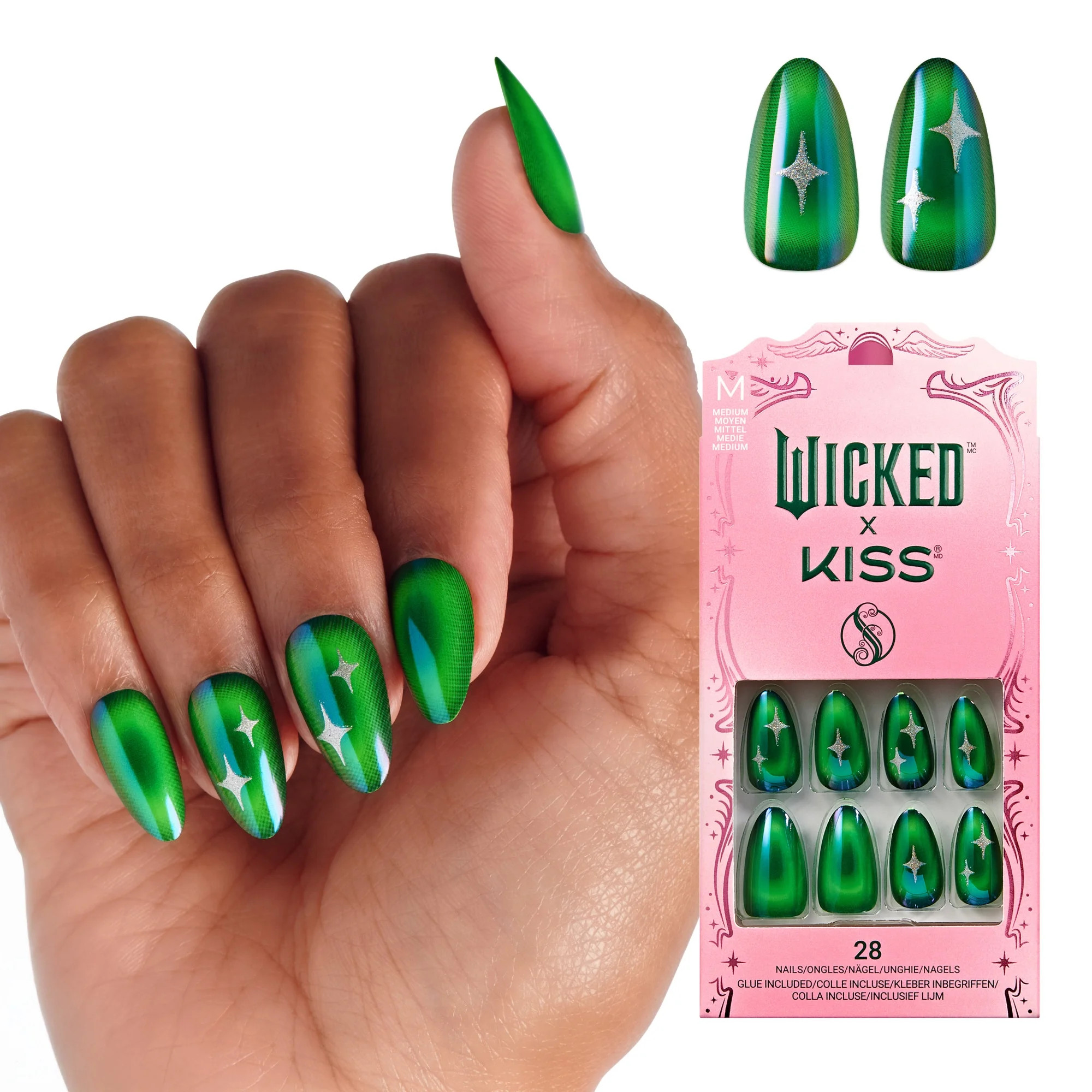 WICKED X KISS Press on Nails, I'm Not Afraid, Green, Medium Almond, 28 Count | Walmart (US)