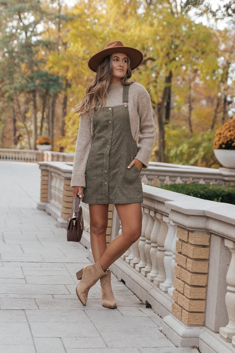 Olive Corduroy Mini Jumper Dress | Magnolia Boutique | Magnolia Boutique