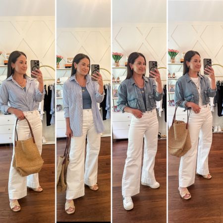 White jeans styled 4 ways for summer - summer capsule  - casual styles  - looks over 40 - use code blairsp24 for 20% off my cropped denim jacket from splendid 

#LTKOver40 #LTKSaleAlert #LTKFindsUnder100