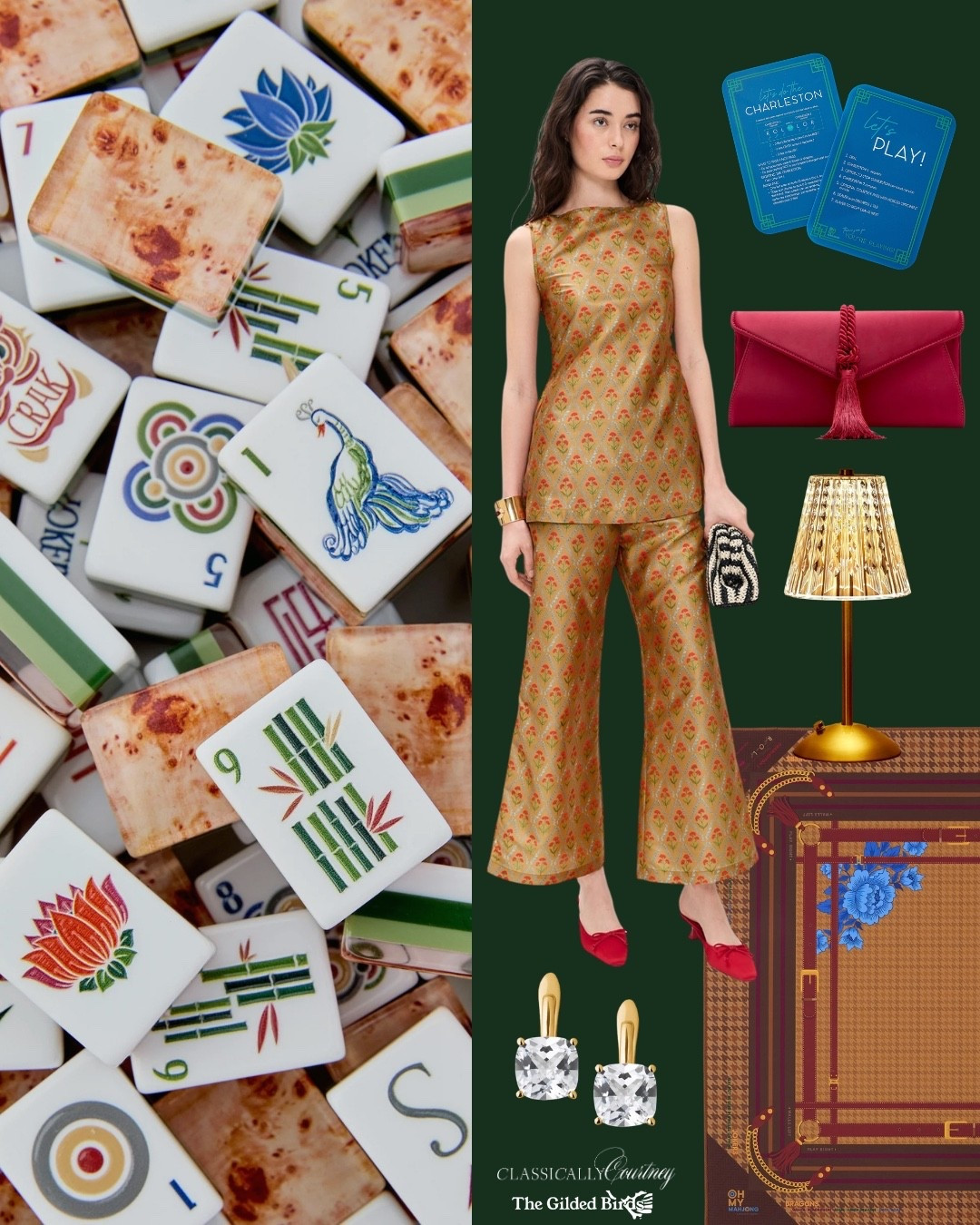 Mahjong mat 
Red clutch 
Tortoise Mahjong tile set 
La maregold set