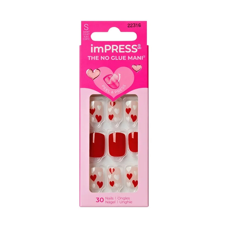 KISS imPRESS Valentine’s Day Press On Nails, Kiss to Remember, Short Squoval, 30 Count | Walmart (US)