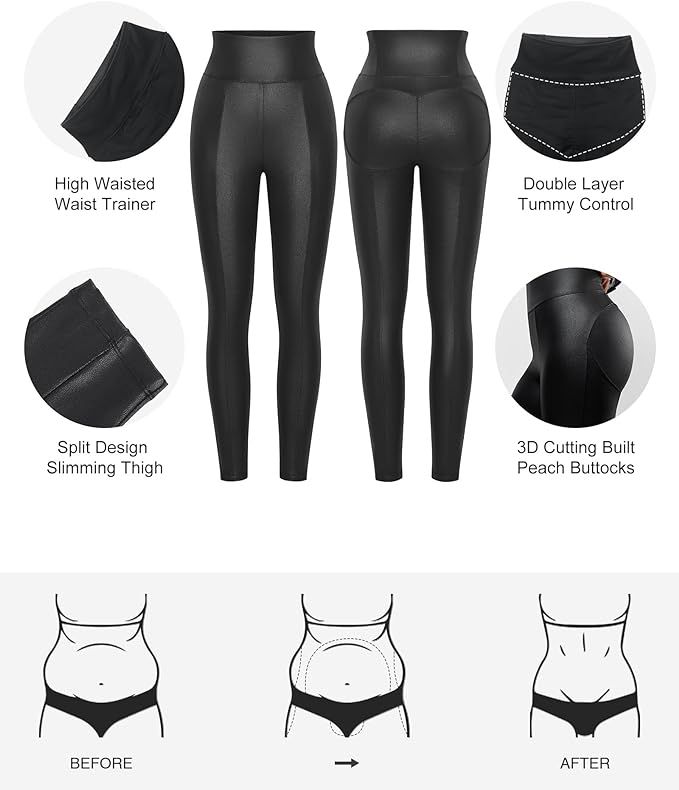 Popilush Black Faux Leather Skirts with Built in Shapewear Tummy Control High Waist Midi Pencil S... | Amazon (US)