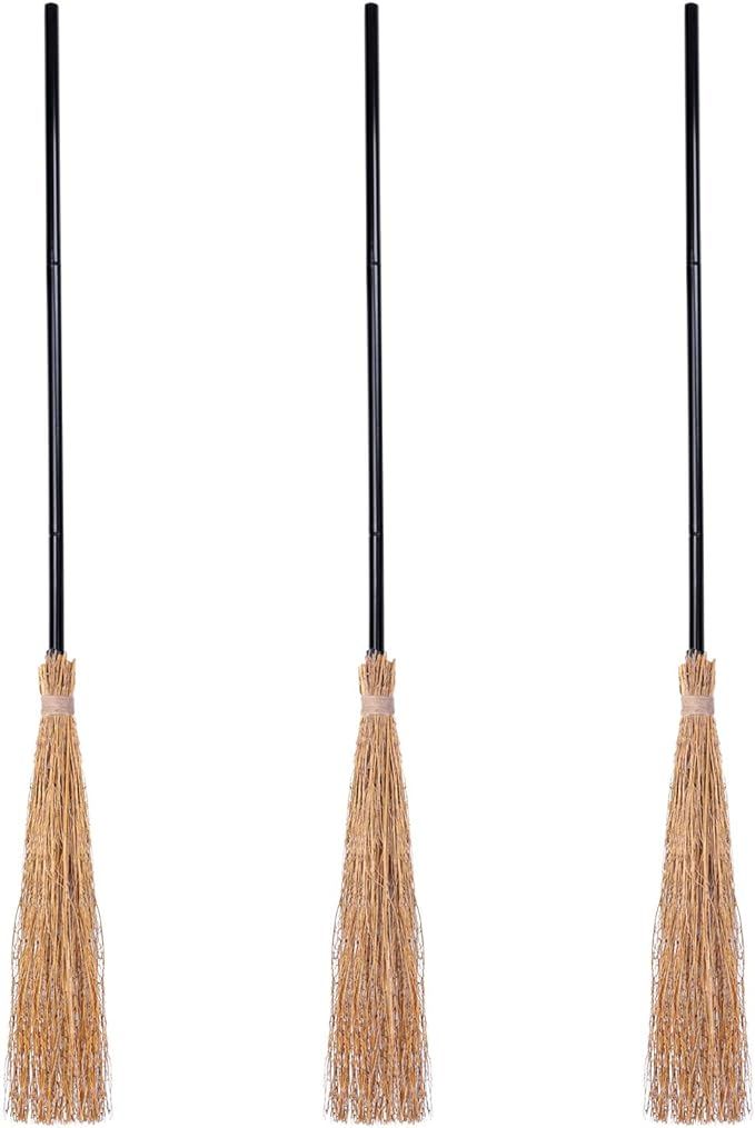 URATOT 3 Pieces Halloween Witch Broom Props Thatch Bamboo Witch Broomstick Retractable Straw Bamb... | Amazon (US)