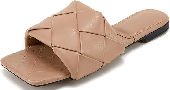 Women's Square Open Toe Woven Leather Single Band Comfort Slides Slid on Flat Sandals | Amazon (US)