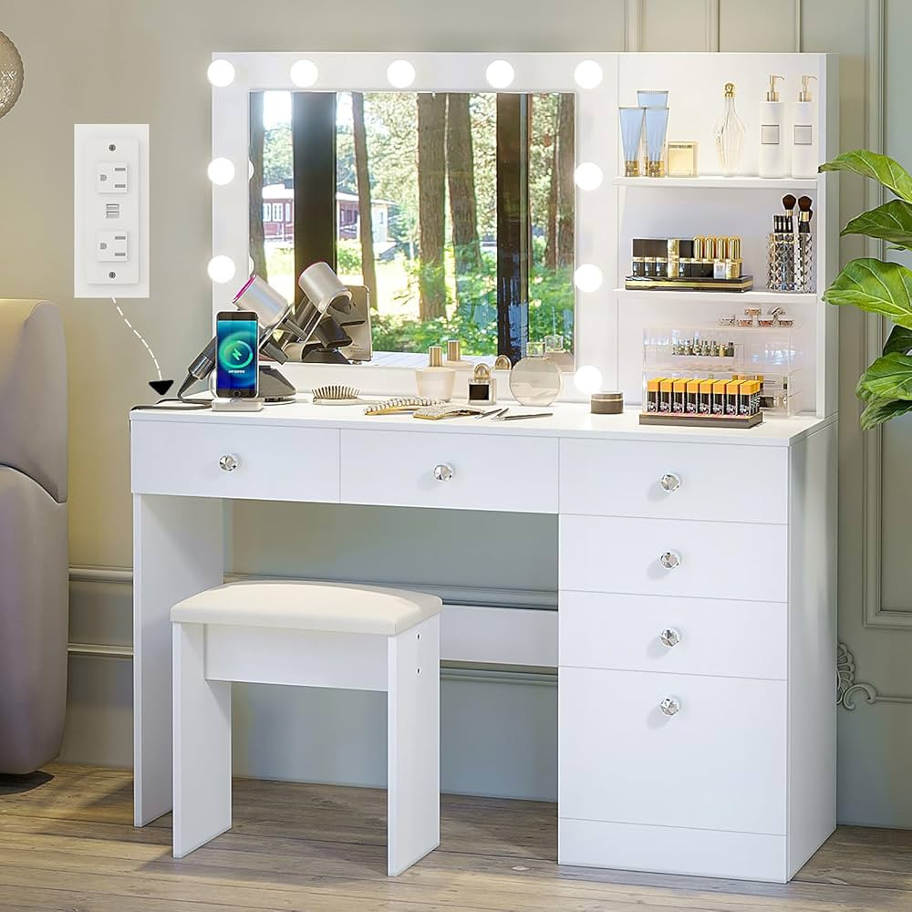 VOWNER Vanity with Lights - 47" Makeup Vanity Desk with Power Outlet, Storage Shelves and 6 Drawe... | Amazon (US)