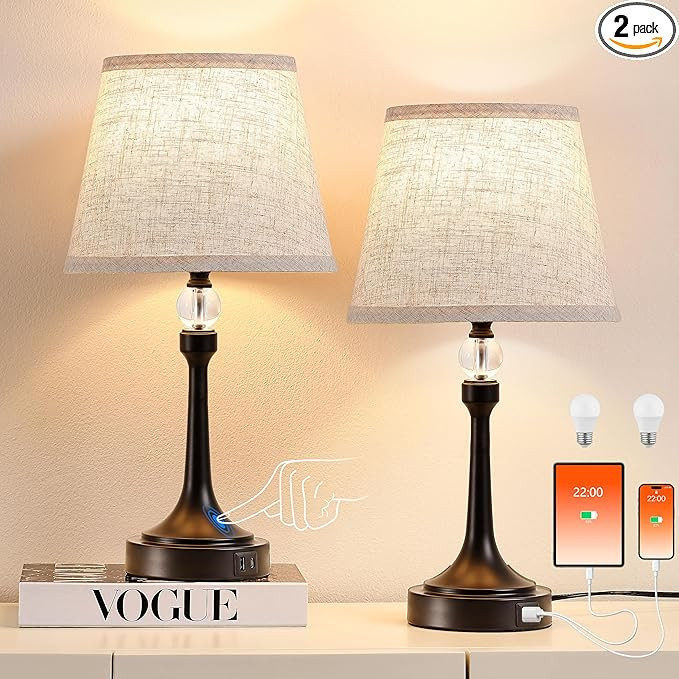 19.7'' Touch Table Lamps for Living Room, Small Lamp for Bedroom with USB C+A Ports, Dimmable Tou... | Amazon (US)