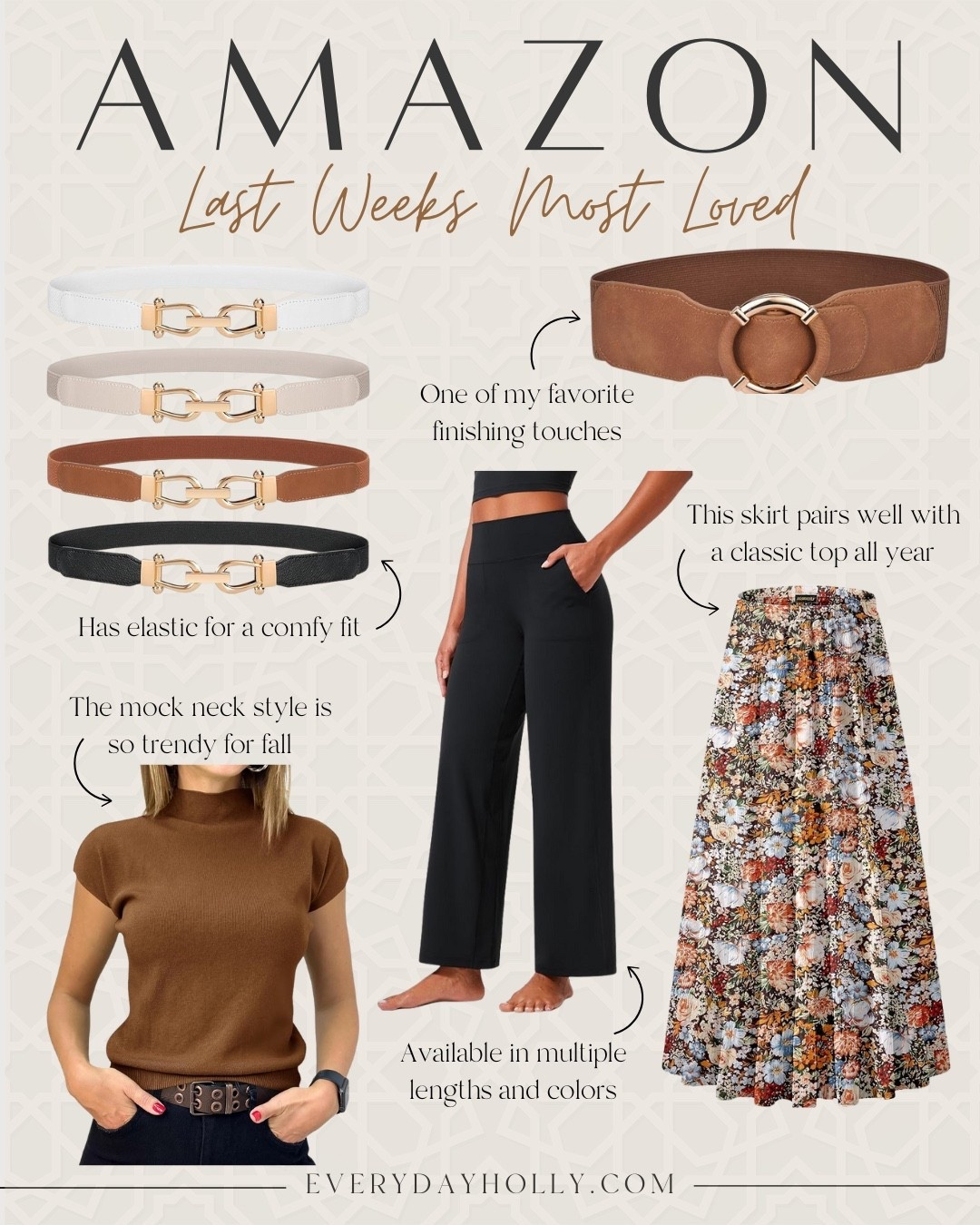 Last week’s most loved fashion finds from Amazon!
Skinny elastic belts, elastic dress belt, mock neck short sleeve sweater top, wide leg yoga pants, floral fall maxi skirt, EverydayHolly 

#LTKPetite #LTKSeasonal #LTKStyleTip