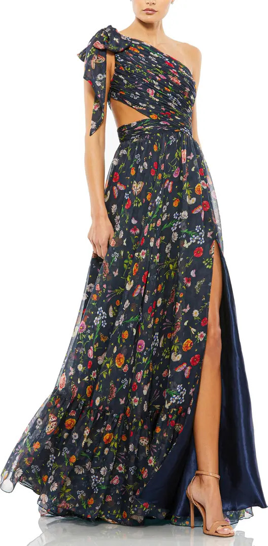 Mac Duggal Tied One Shoulder Cut-Out Flowy Gown | Nordstrom | Nordstrom