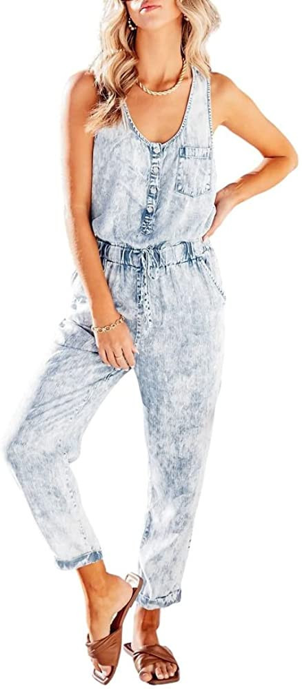 chouyatou Women's Denim Scoop Neck Sleeveless Drawstring Waist Jumpsuits Overall Rompers | Amazon (US)