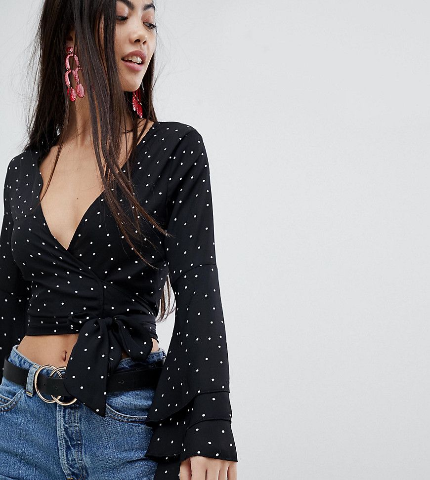 Missguided Petite Polka Dot Wrap Waist Frill Sleeve Top - Black | ASOS US