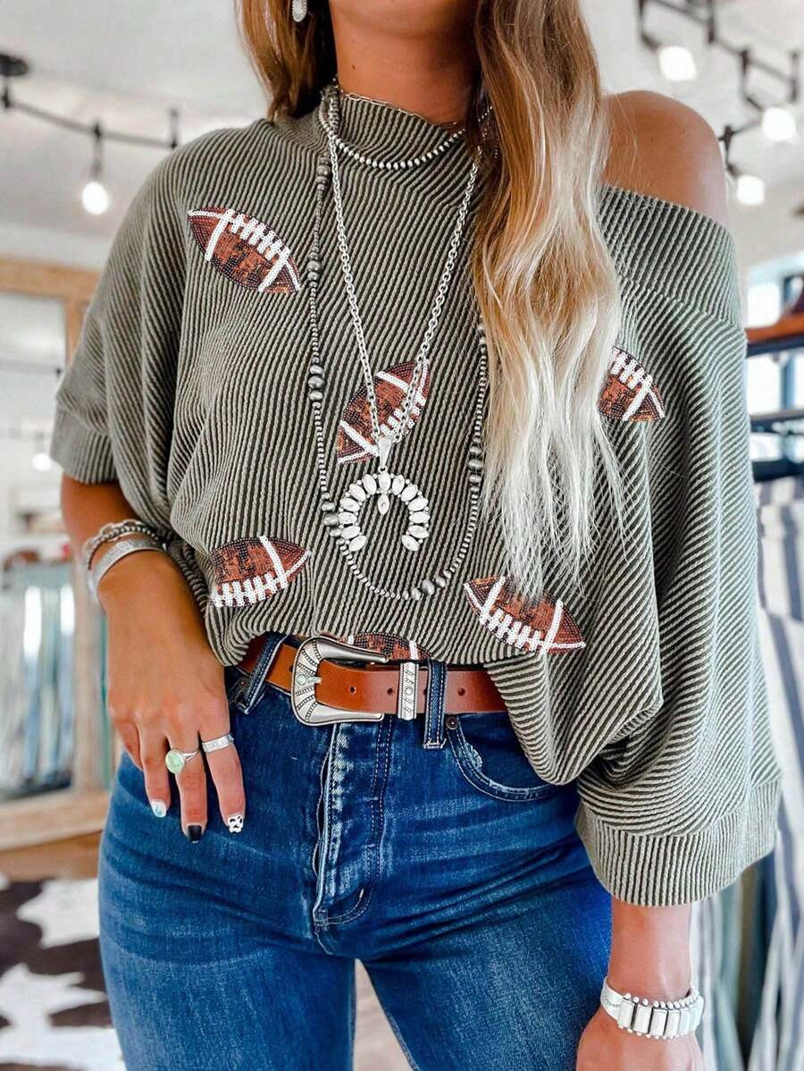 Sequin Rugby Graphic Boatneck Batwing Sleeve Cording Blouse | SHEIN