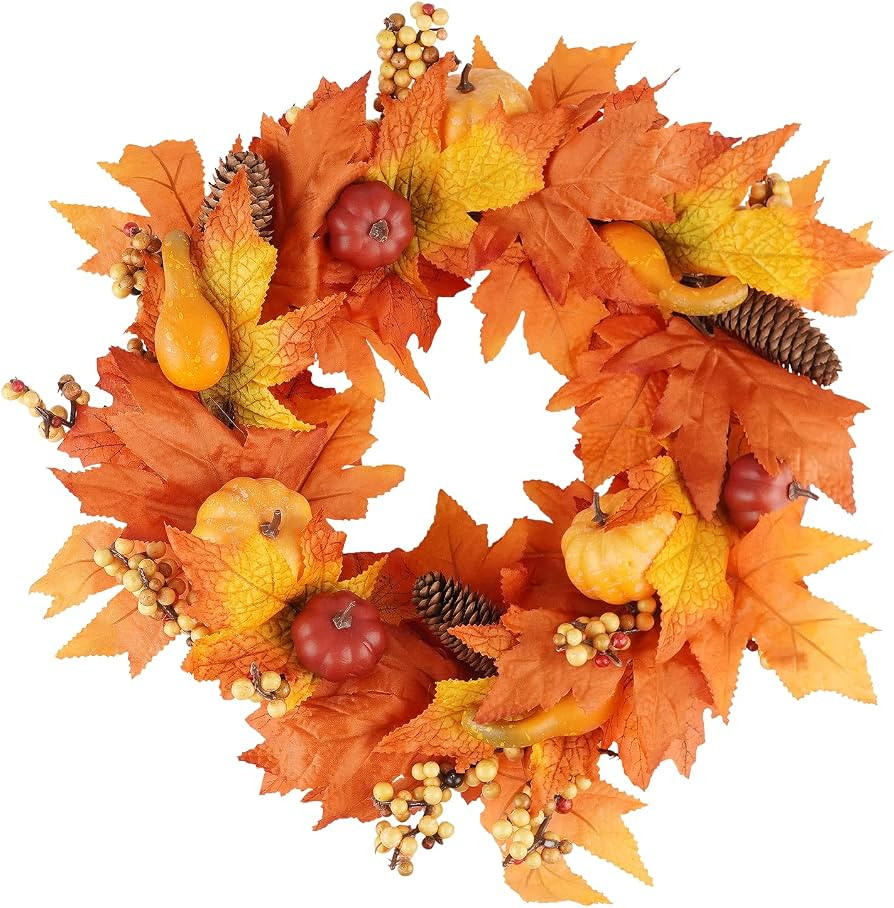 Ywlake 15 Inch Fall Wreath for Front Door Decoration, Autumn Wreath with Artificial Maple Leaf Ha... | Amazon (UK)