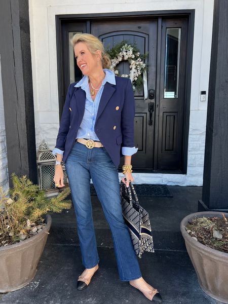 Classic go to outfit💙🤍

Always look Chic and put together

Wit wisdom itty bitty baby bootie denim 
TTS 

Steve Madden cap to flat 

Blue and white strip button up tts

Gibsonlook blazer double breasted 
Save 10% off with code DARCY10

Valentino belt
Dior tote
Jewelry lisi lurch and Julie cos

#LTKMostLoved 

#LTKover40 #LTKworkwear