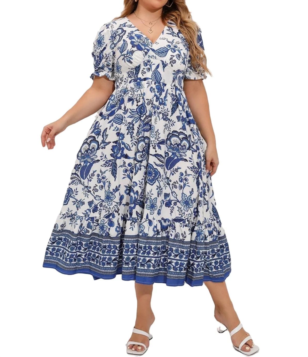Womens Plus Size Dresses Casual Floral V neck A Line Blue and White 0XL | Walmart (US)