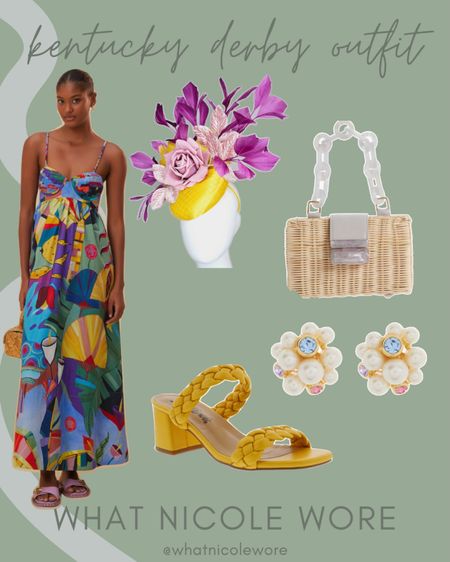 Showing how to style this Farm Rio maxi dress for Kentucky Derby. // yellow fascinator, yellow Kentucky derby hat, tropical maxi dress, dresses for spring, yellow heeled sandals, straw bag, modern Pearl earrings, colorful Easter outfit, colorful outfit for spring, what to wear to Kentucky derby

#LTKsalealert #LTKstyletip #LTKfindsunder100