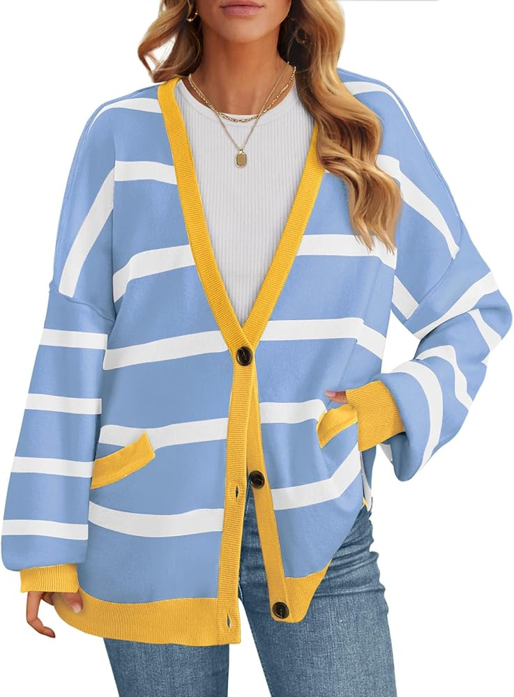 MEROKEETY Women's Long Sleeve Oversized Cardigan Sweaters 2024 Color Block Striped Open Front Kni... | Amazon (US)