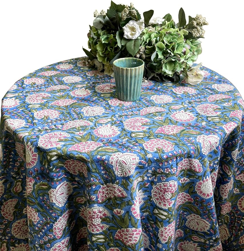 Clover Pink 100% Cotton Round Tablecloth, Block Print Floral Table Cloth for Dining, Parties, Wed... | Amazon (US)