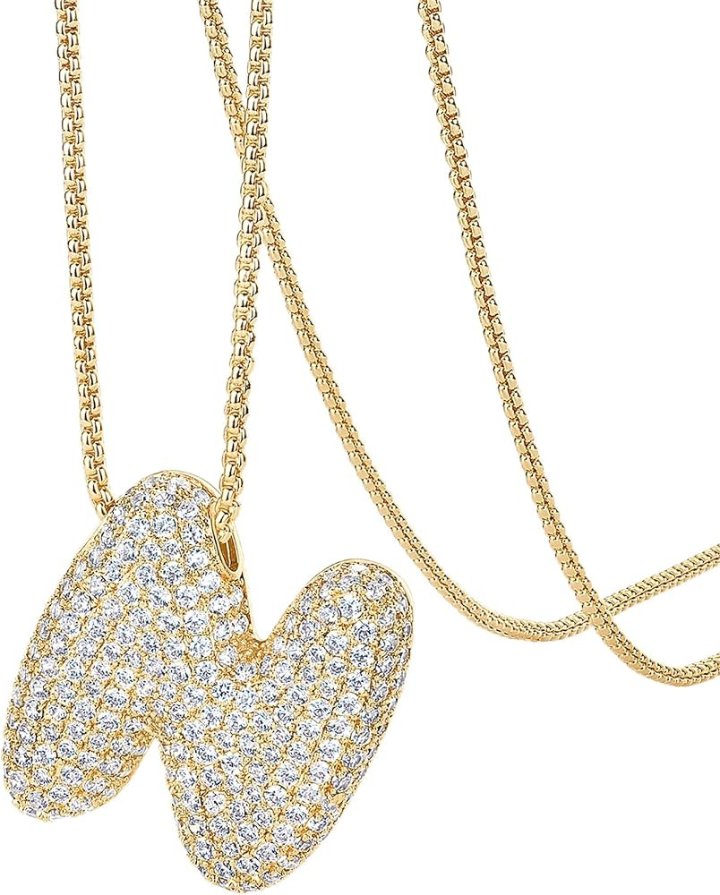 PAVOI 14K Gold Plated Cubic Zirconia Bubble Letter Initial Necklaces for Women | Gold Balloon Nec... | Amazon (US)