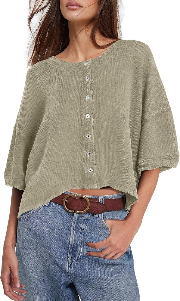 Womens Cropped Cardigan Short Sleeve Cardigan Button Up Lightweight Cardigans Oversized Button Do... | Amazon (US)