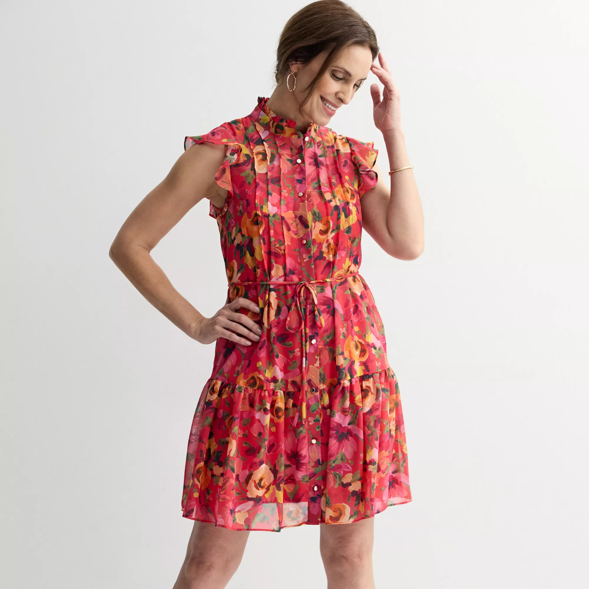 Women's Donna Ricco Flutter Sleeve Button Front Pleated Mini Dress | Kohl's