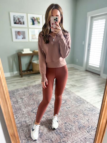 Old Navy athleisure. Old Navy activewear. Travel outfit. Old Navy high waist power lite leggings 7/8 (XSP). Old Navy half zip sweatshirt (XSP). Nike waffle shoes (TTS). Casual outfit. Mom outfit. 

#LTKfit #LTKtravel #LTKFind