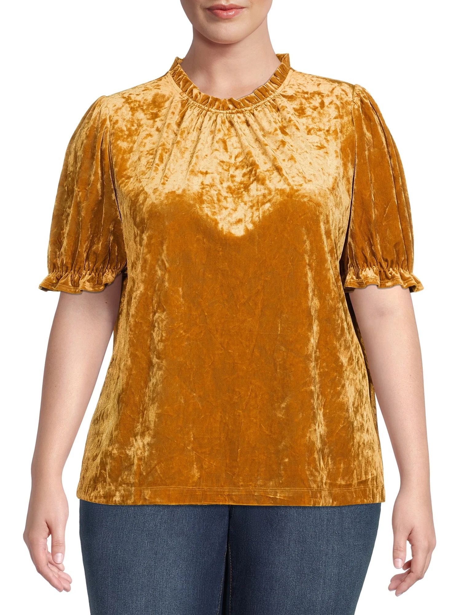 The Get Women's Plus Size High Neck Puff Sleeve Velvet Top | Walmart (US)
