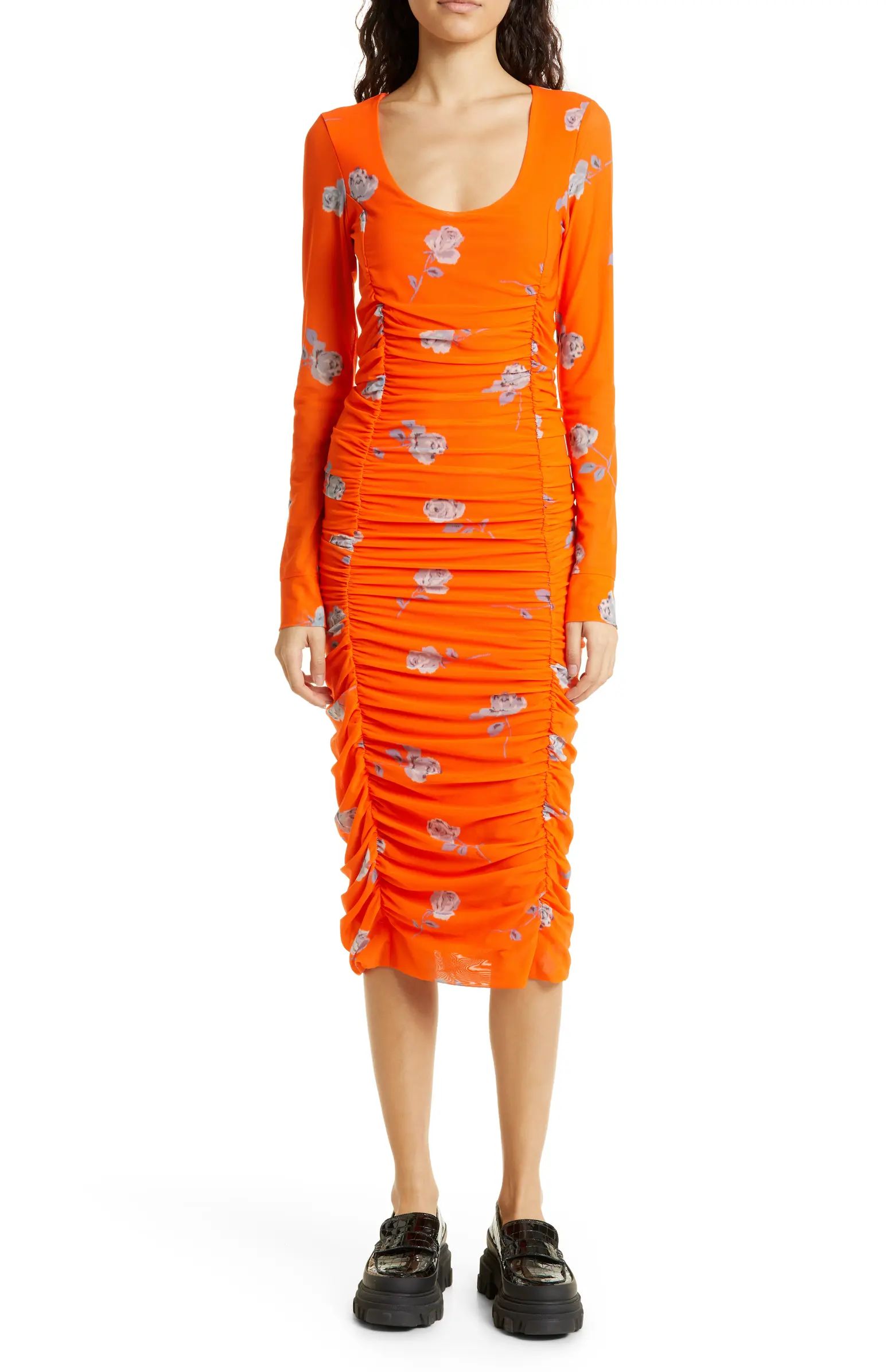 Ruched Floral Print Long Sleeve Mesh Midi Dress | Nordstrom