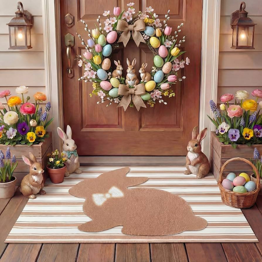 Tinideya 2 Pcs Bunny Door Mat Rabbit Welcome Non Slip Coir Mats Brown and White Stripe Floor Laye... | Amazon (US)