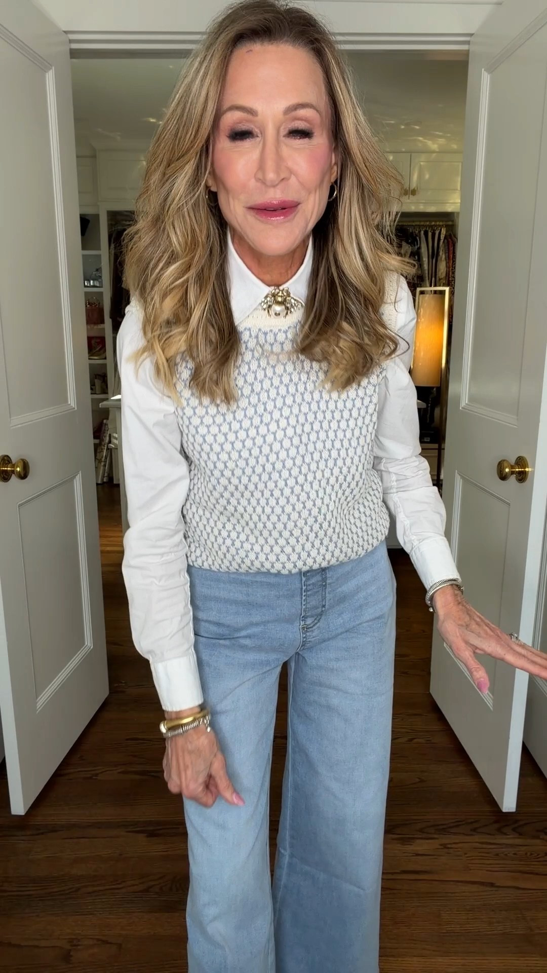 How to dress for spring when it’s cold outside!  Wide leg light wash jeans and a sleeveless sweater with a white blouse underneath.  Gucci off-white loafers and a light blue coat.  I’ve accessorized with a vintage Gucci bee brooch!

#LTKSeasonal #LTKOver40 #LTKootd