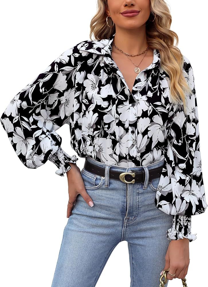 Womens Button Down Shirt Lantern Long Sleeves Shirt Oversized Casual Blouses Tops Abstract Printt... | Amazon (US)