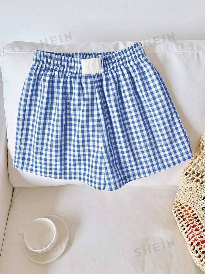 SHEIN EZwear Plus Size Women's Elastic Waist Plaid Loose Shorts | SHEIN