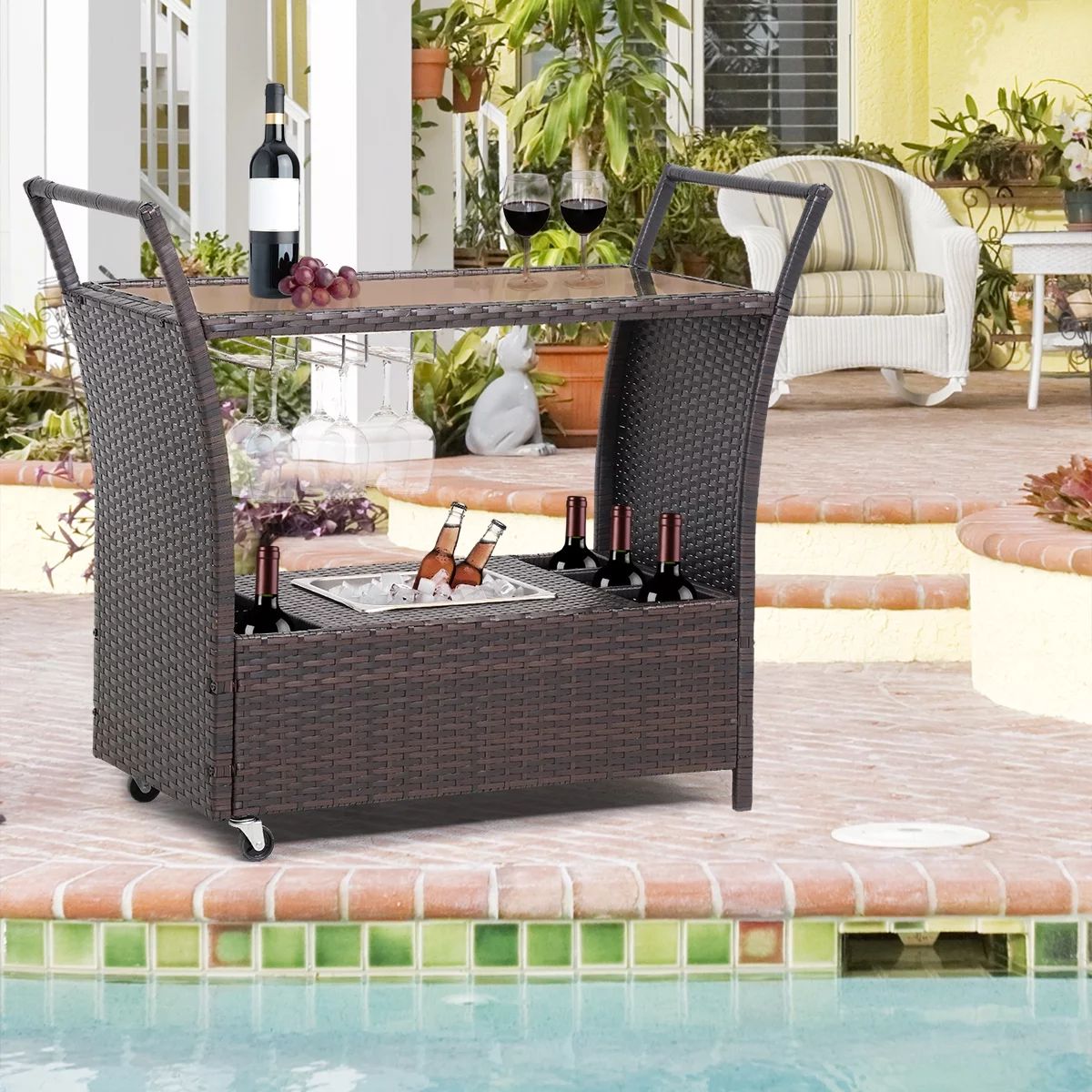 FHFO Outdoor Rolling Wicker Rattan Bar Serving Cart with Removable Ice Bucket/Glass Countertop/Go... | Walmart (US)