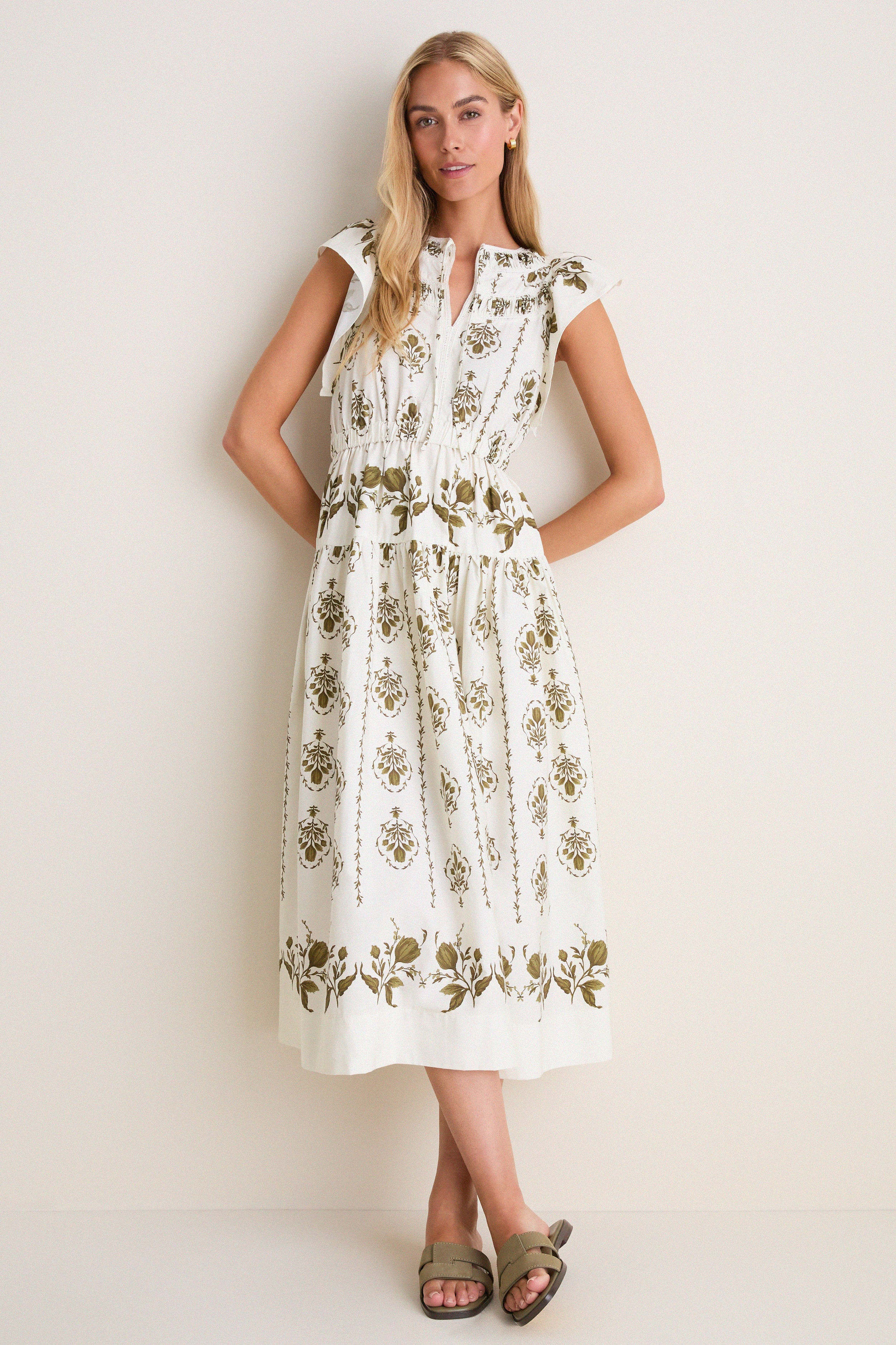 Beige Multi Short Ruffle Sleeve Midi Dress | Tuckernuck (US)