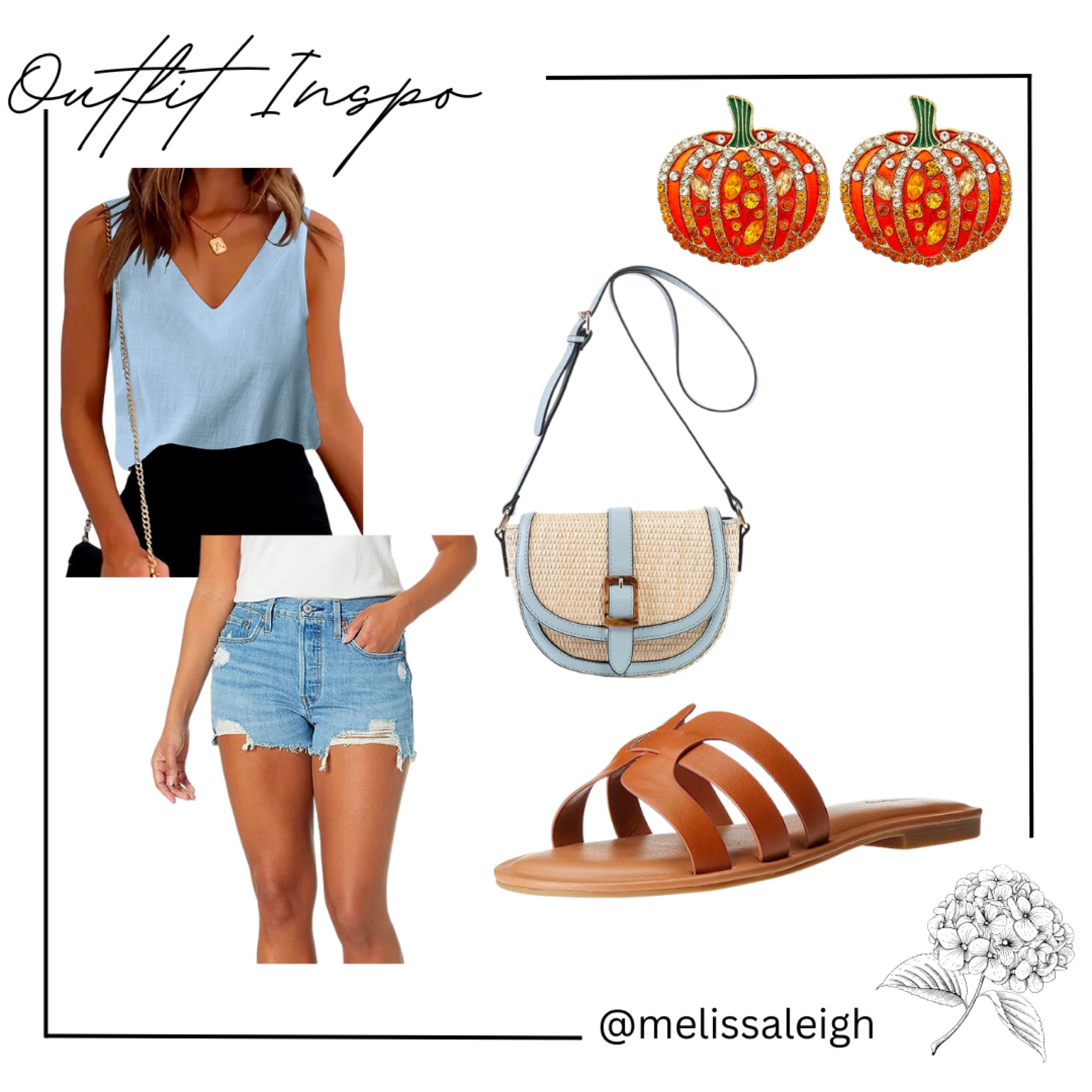 Cinderella inspired amazon casual outfit - light blue v neck linen shirt, Levi cutoff shorts, brown sandals, rattan crossbody bag, pumpkin rhinestone earrings - amazon finds, affordable outfit, Disney princess, Disney style, Disneybound, fall outfit, coastal style 

#LTKSeasonal #LTKstyletip #LTKFind
