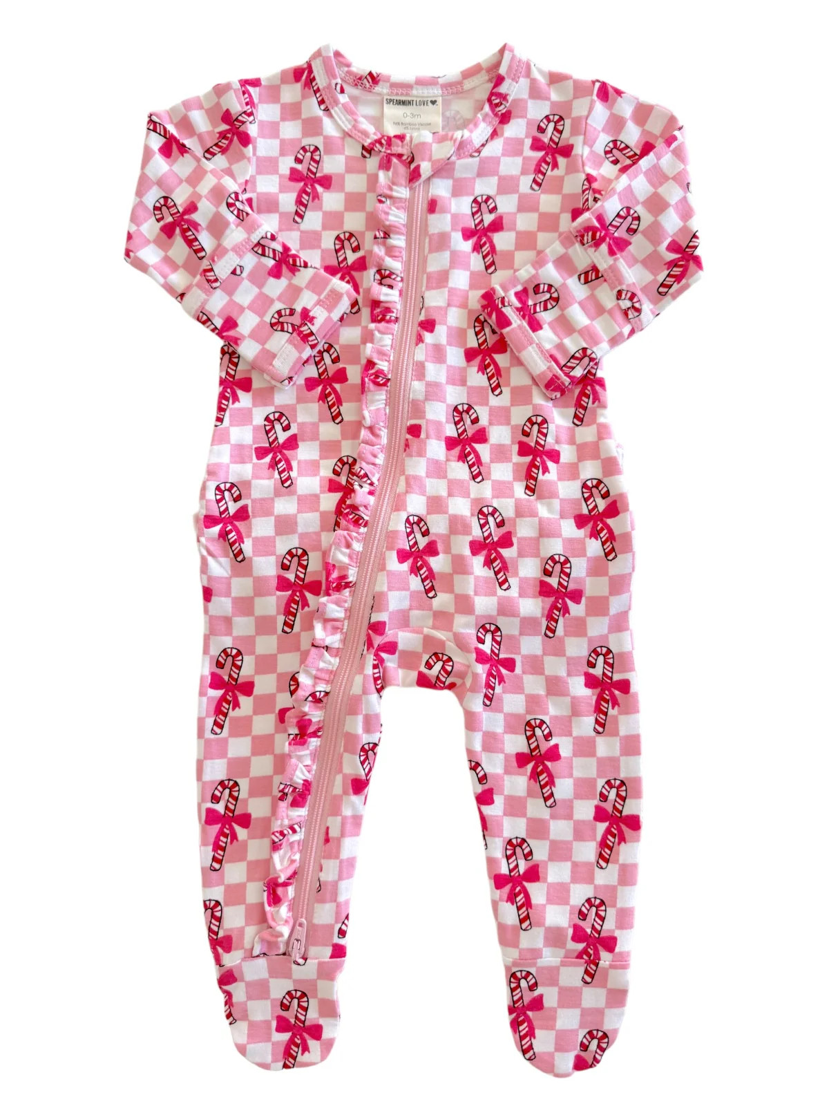 2-Way Ruffle Zip Footie, Cotton Candy Candy Cane | SpearmintLOVE