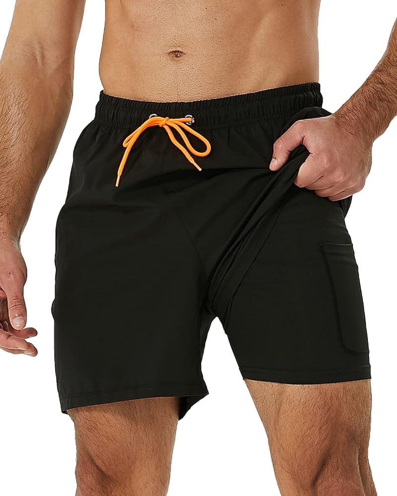 SILKWORLD Mens Swimming Trunks with Compression Liner 2 in 1 Quick-Dry Swim Shorts with Zipper Po... | Amazon (US)