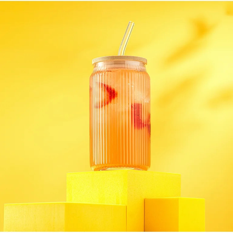 JoyJolt Fluted Can Glass with Lid and Straw, Set of 4 | Walmart (US)