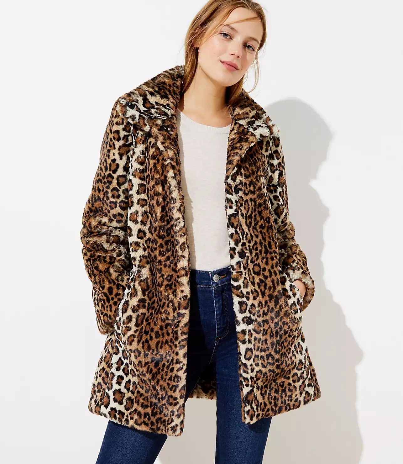 Leopard Print Faux Fur Funnel Neck Coat | LOFT