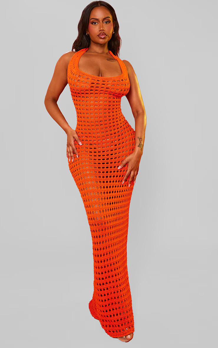 Shape Orange Crochet Halterneck Open Back Dress | PrettyLittleThing US