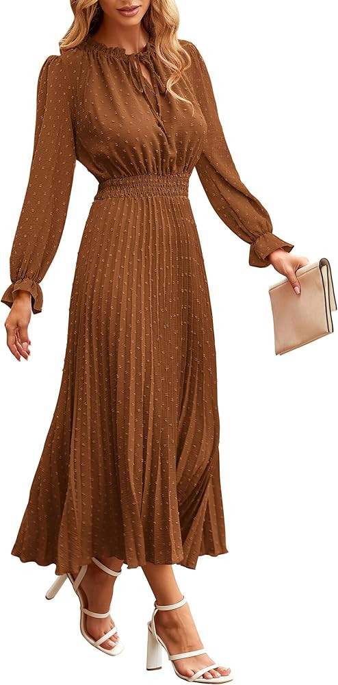 PRETTYGARDEN Women's 2025 Spring Fall Midi Dress Casual Long Sleeve V Neck Swiss Dot Pleated A Li... | Amazon (US)