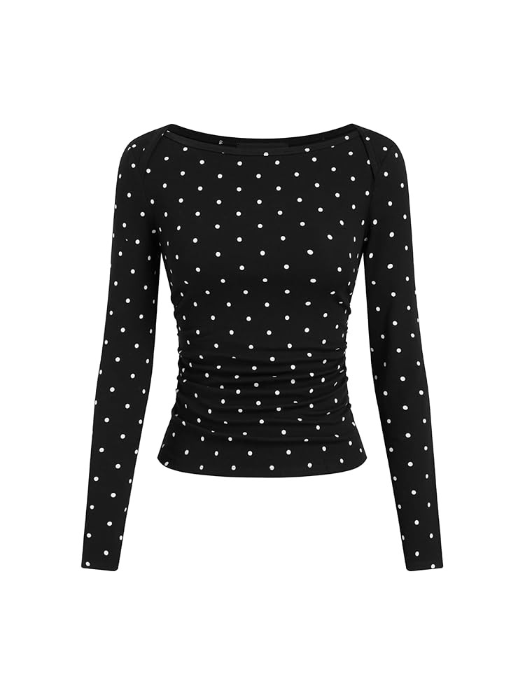 CIDER Women Polka Dot Long Sleeve Shirt Slim Fit Ruched Crew Neck Top | Amazon (US)