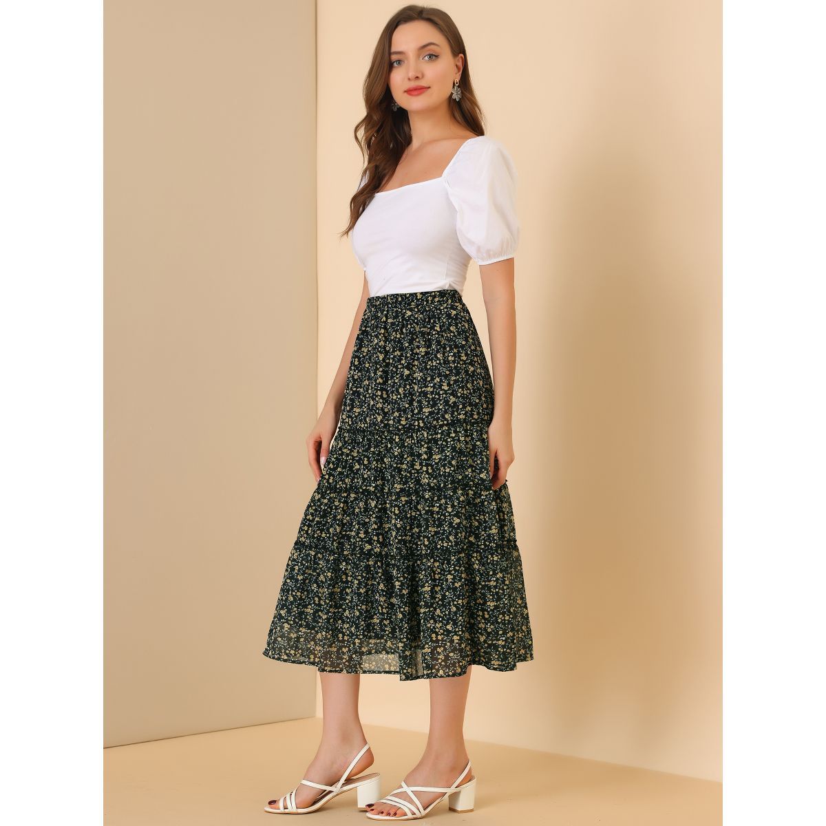 Allegra K Women's Floral Elastic Waist Tiered Ruffle Boho Midi Skirts | Target