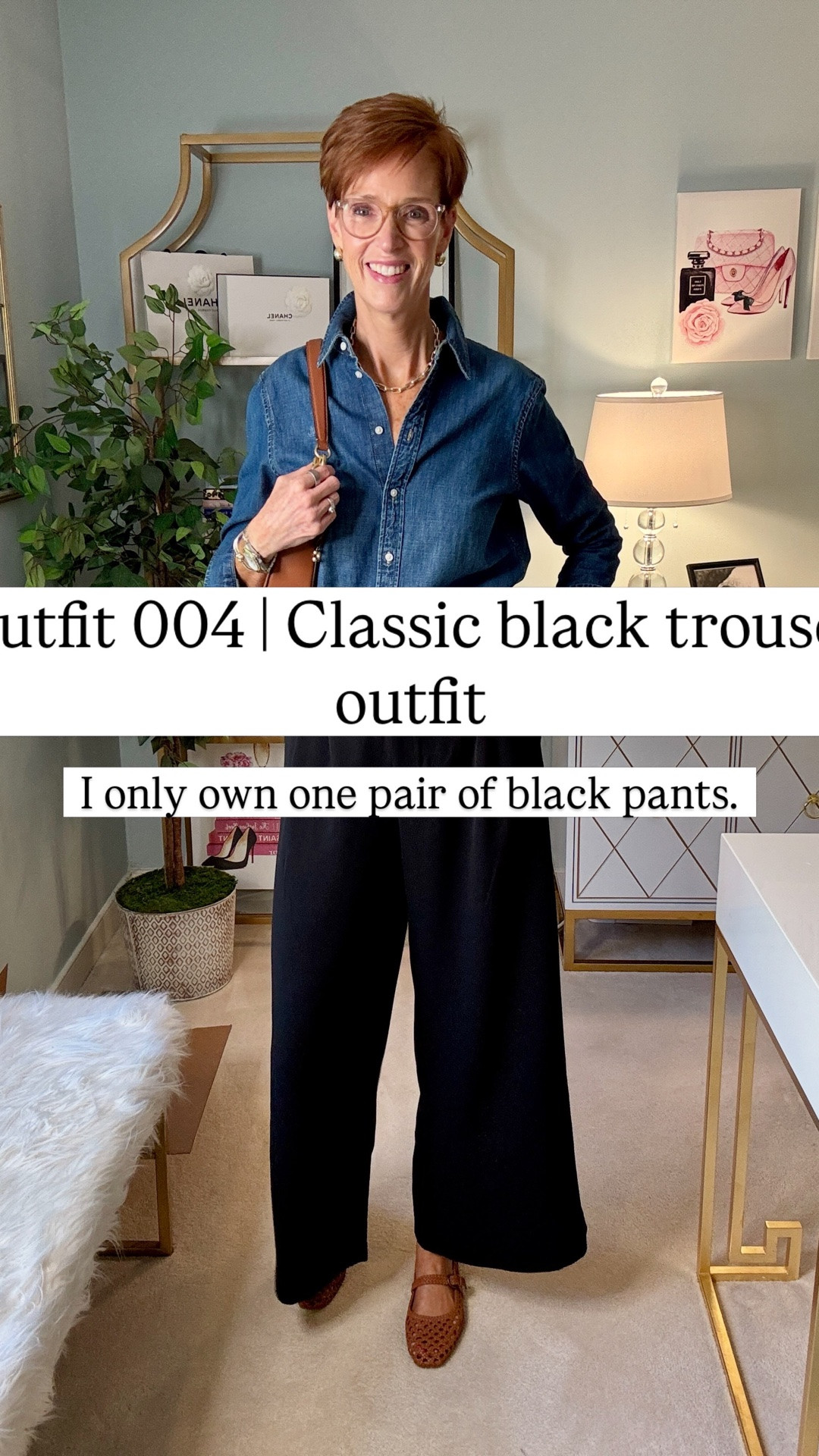 ￼ I own exactly one pair of black pants.

Not because I don’t think they’re important — actually, the opposite. Black trousers are such a wardrobe staple that I’d rather have one pair I genuinely want to wear than several pairs taking up space in my closet.

For Outfit 004, I paired my black wide-leg trousers with another piece I reach for constantly: a classic denim shirt. Then I kept the accessories all in the same brown family — belt, woven Mary Janes and handbag. Matching my accessories is one of those simple styling choices that makes an outfit feel pulled together without making it feel overly styled.

This is also exactly what I mean when I talk about wardrobe workhorses: pieces that don’t just make one good outfit. They make getting dressed easier.

I’m wearing these same black trousers several different ways this week so you can see whether one great pair really can do the work of several.

Save this black trouser + denim shirt outfit for later, and tell me: are you a one-great-pair person, or do you own several pairs of black pants?

#ClassicStyle #BlackTrousers #Over40Style #Over50Style

#LTKootd #LTKOver40 #LTKTall