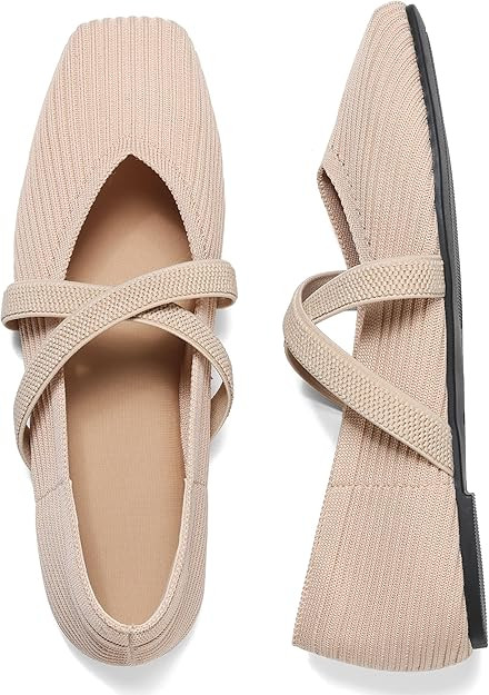 CELNEPHO Flats for Women Square Toe Ballet Flats Cross Strap Comfortable Arch Support Dressy Knit... | Amazon (US)