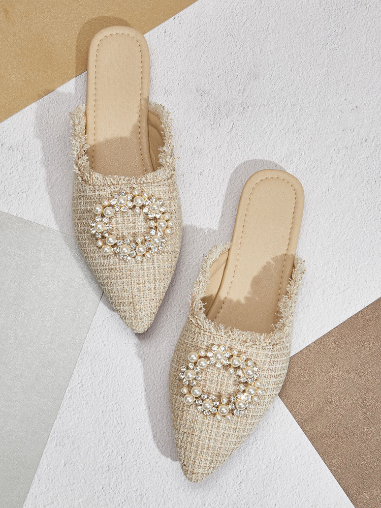 Raw Trim Faux Pearl Decor Flat Mules | SHEIN