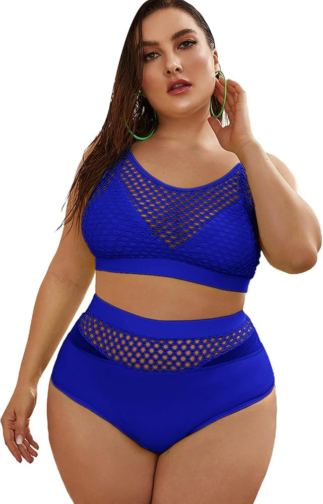 Floerns Women's Plus Size Splice Fishnet Cami Top and High Waist Bikini Set | Amazon (US)