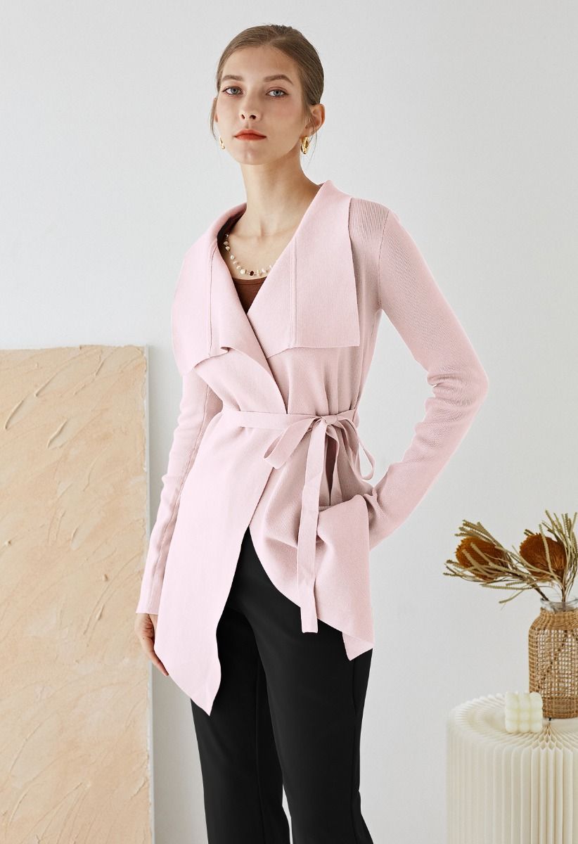 Wide Lapel Tie Waist Knit Cardigan in Pink | Chicwish