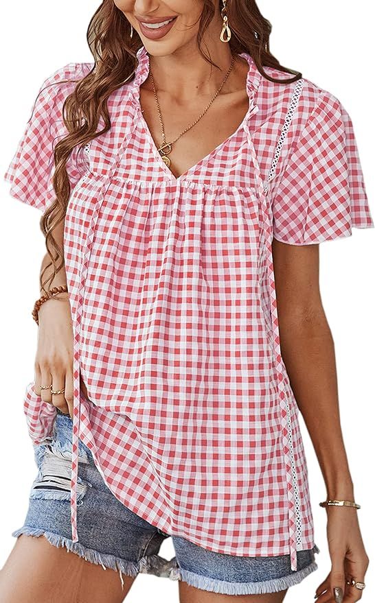 ECOWISH Womens Tops Plaid V Neck Short Sleeve Pleated Casual Blouse Ruffles Loose Fit T Shirt | Amazon (US)