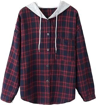 SweatyRocks Women's Long Sleeve Plaid Hoodie Jacket Button Down Blouse Tops | Amazon (US)